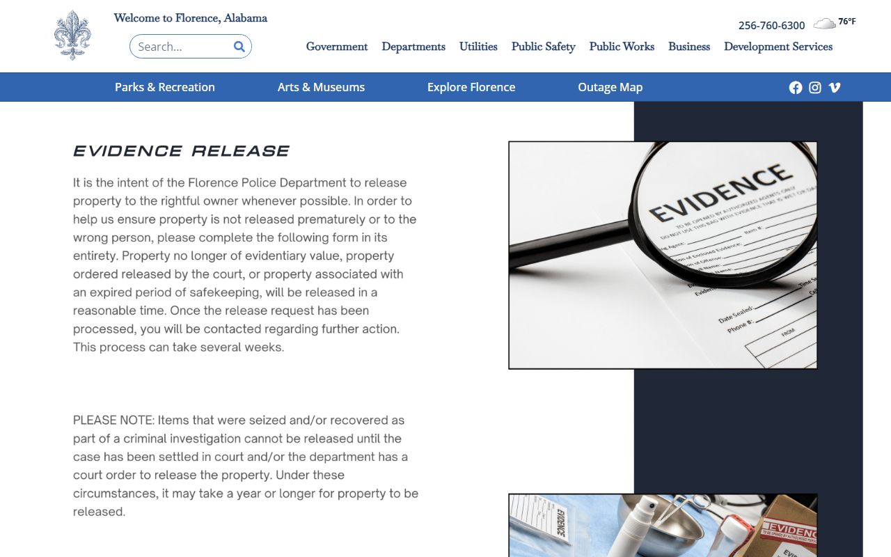 Lauderdale County Work Release phone number on Florence Police public safety resources